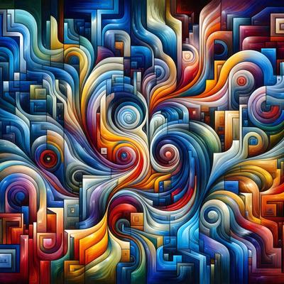 The primary subject of the image is a colorful, abstract painting featuring a mix of blue, orange, and yellow colors. The painting is set against a backdrop of a wall, and it appears to be a digital art piece. The visual style of the painting is unique and eye-catching, with a combination of geometric shapes and swirling patterns. The dominant colors in the painting create a vibrant and lively atmosphere, making it an engaging and captivating piece of art.